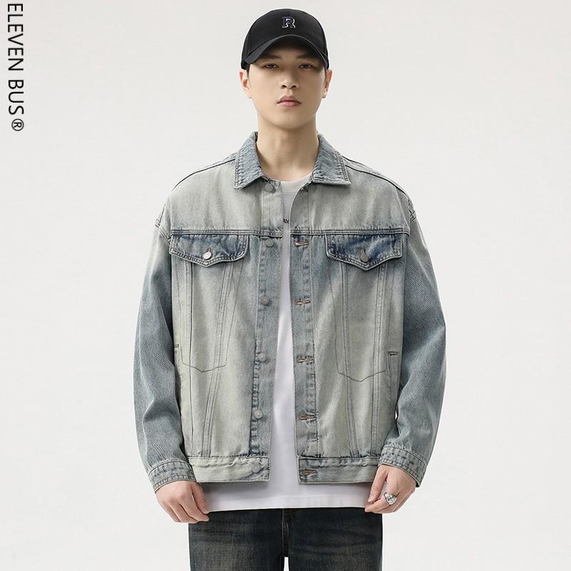ジャケット 男性用 デニム ウォッシュ加工 ワークジャケット Gジャン ブルゾン アウター トップス 普段使い 10代 20代 秋物 コットン レギュラー袖 翻し襟 無地 ポケット付き ゆったり ルーズフィット