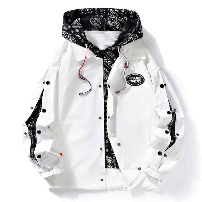 ジャケット メンズ 男性用 スタジャン ブルゾン 春秋 年 腰果花柄 フェイクレイヤード フード付き 港風 配色 ポリエステル ホワイト ブラック M L XL 2XL 3XL 4XL