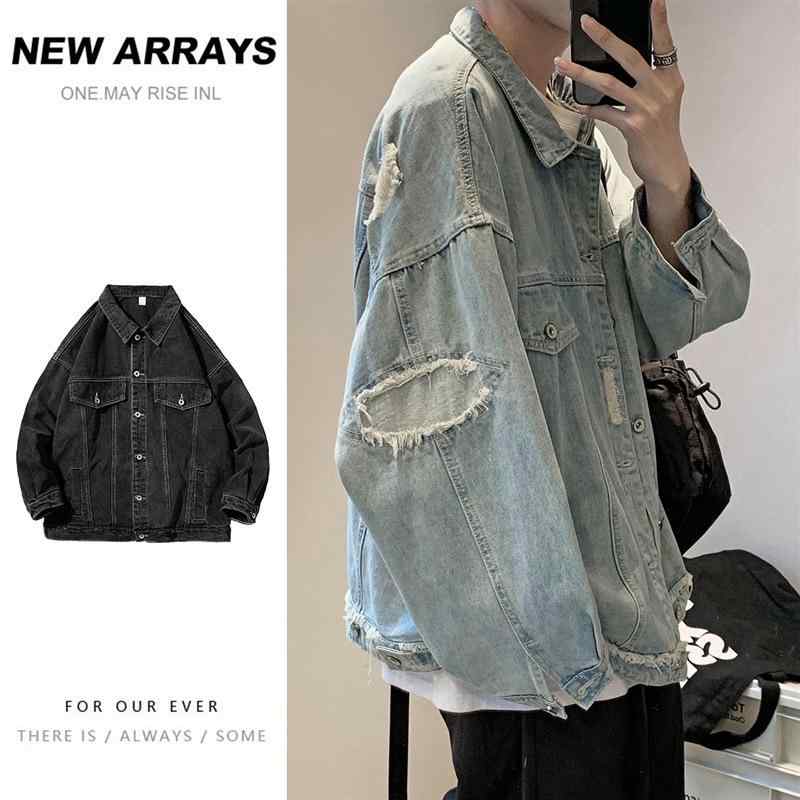 ジャケット 男性用 デニム ダメージ加工 ゆったり ブラック ブルー Gジャン ブルゾン ライトアウター ..