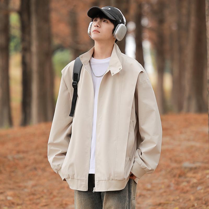 ジャケット メンズ 立襟 2025 春秋 構造的 切り替え ゆったり ラペルレス ブルゾン ポリエステル 普段着 カジュアルスタイル