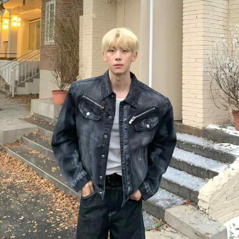 ジャケット 男性用 デニム 春物 メンズ Gジャン ブルゾン ヴィンテージ ウォッシュ加工 コットン アウター カジュアル 韓国 羽織り ブラック ブルー