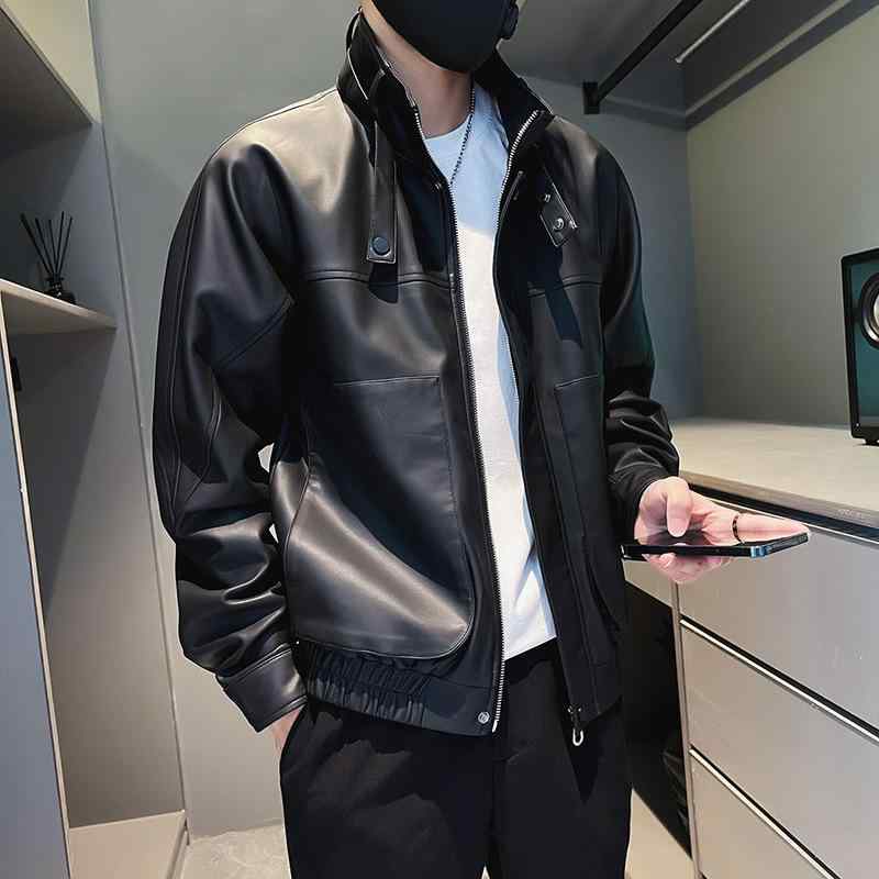 レザージャケット メンズ 立襟 PUレザー ブルゾン ジャンパー アウター 男性用 春秋 スリムフィット 防風 防水 黒