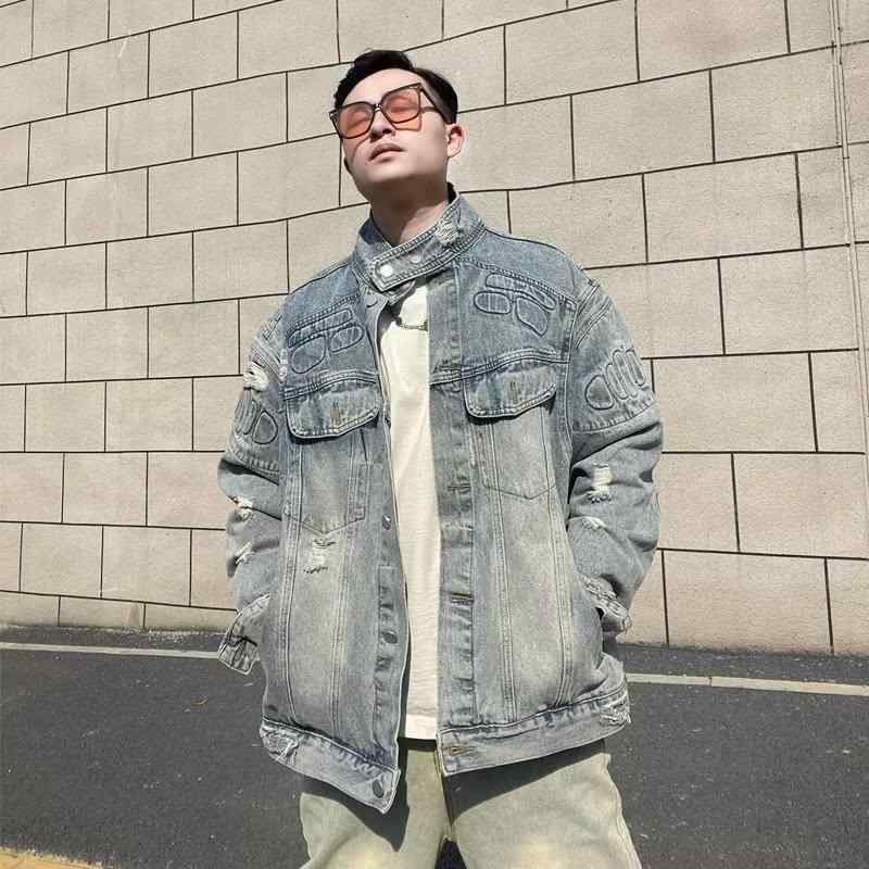 ジャケット メンズ 男性用 Gジャン デニム ダメージ ウォッシュ加工 スタンドカラー ブルゾン ゆったり カジュアル アメカジ ブルー