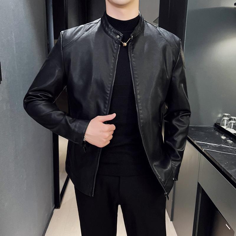 メンズ レザージャケット 春秋 男性用 バイクジャケット PUレザー スリムフィット ブラック アウター