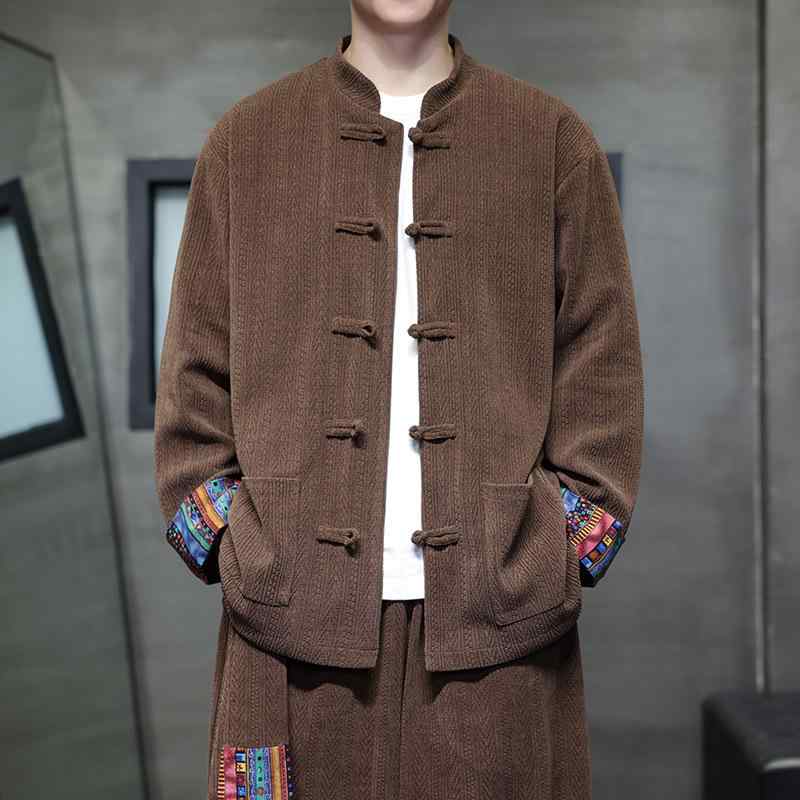 ジャケット メンズ 男性用 コーデュロイ シャツ 唐装 チャイナ風 カジュアル 立襟 長袖 トップス コーヒー色 黒 M L XL 2XL 3XL 4XL 5XL