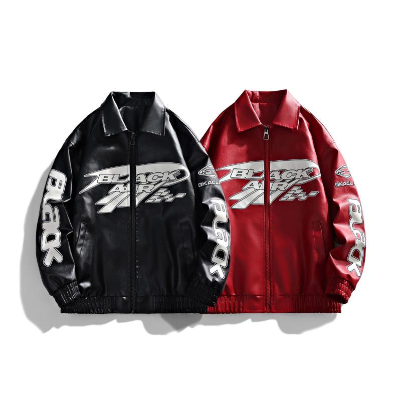 ジャケット 男性用 春秋 フェイクレザー バイクジャケット ショート丈 ルーズ 襟付き ブラック レッド
