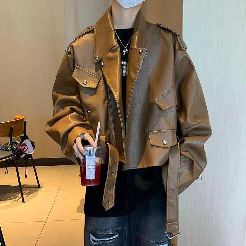 ジャケット 男性用 PUレザー ライダースジャケット ショート丈 ルーズフィット 襟付き 無地 ブラック ブラウン系 秋冬 カジュアル