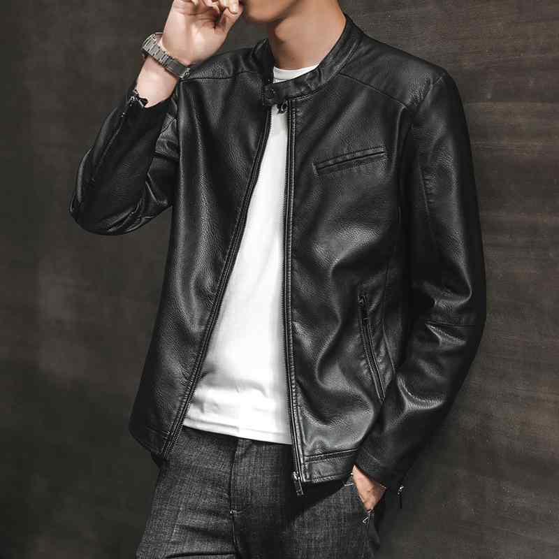ジャケット 男性用 PUレザー ブルゾン 秋冬 立ち襟 バイカー タイトフィット ブラック ダークグレー 黄土色