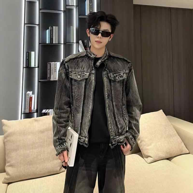 デニムジャケット メンズ Gジャン ブルゾン ウォッシュド加工 ドロップショルダー ゆったり ショート丈 立襟 コットン 綿 春秋 グレー グレー 耐摩耗性 アウター アメカジ 普段使い