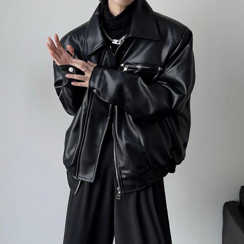 ジャケット メンズ PUレザー ブルゾン アウター 男性用 バイク 春秋 若者 翻領 ゆったり ブラック ライダースジャケット風