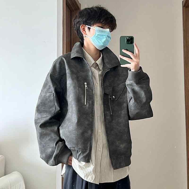 ジャケット メンズ PUレザー レザージャケット フライトジャケット 立襟 ゆったり グレー ピンク系 春秋 カジュアル 男性用
