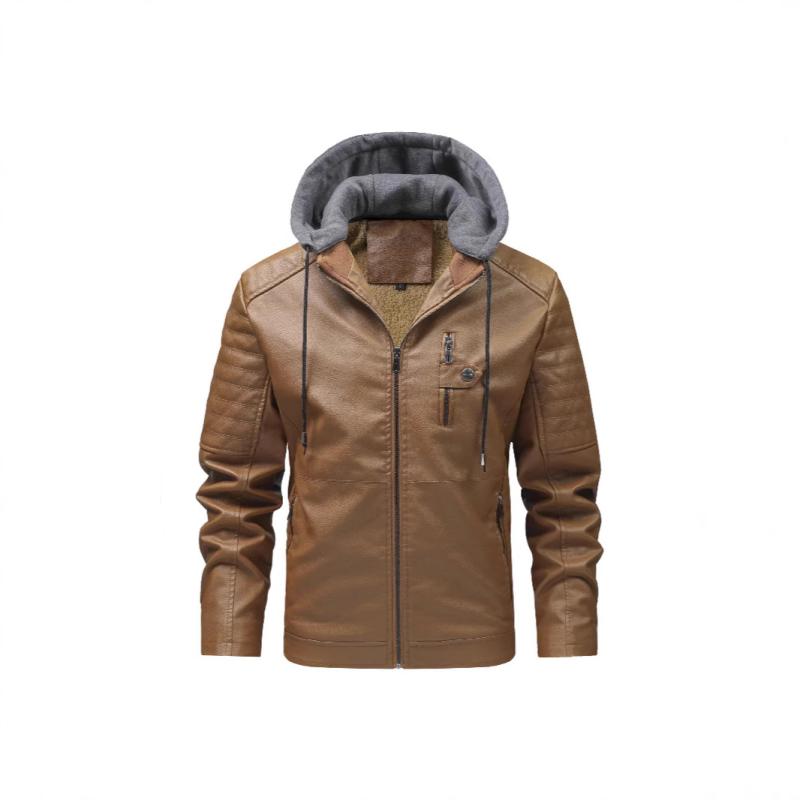 ジャケット メンズ 男性用 大きいサイズ 裏起毛 防寒 防風 フード付き 取り外し可能 PUレザー レトロ バイカー ブルゾン アウター カーキ イエロー系 ブラック ワインレッド