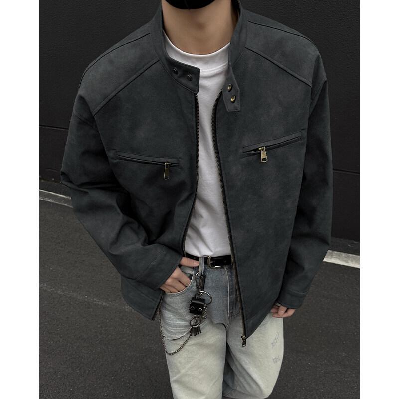 ジャケット メンズ レザージャケット 男性用 ブルゾン PUレザー 春秋 立ち襟 襟付き ショート丈 普段使い 焦げ茶色 黒