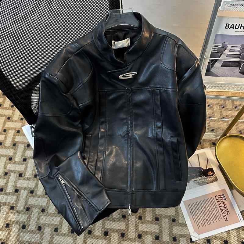 レザージャケット メンズ 春秋 立襟 バイクジャケット PUレザー ブルゾン ジャンパー アウター ライトアウター 黒 白