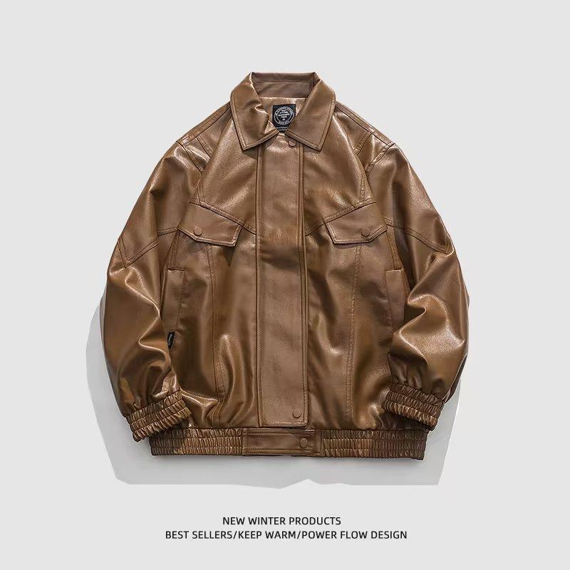 ジャケット 男性用 レトロ ライダース PUレザー 春秋 薄手 ゆるめ 多ポケット アウター ブラック コーヒー色