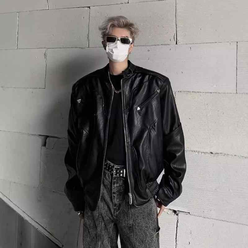 レザージャケット メンズ PUレザー ブラック スタンドカラー ブルゾン アウター 秋冬 カジュアル アメカジ 普段使い