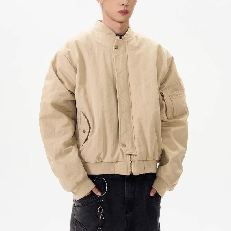 ジャケット 男性用 ブルゾン ミリタリー ワーク 春秋 ポリエステル 無地 ブラック カーキ ゆったり ショート丈