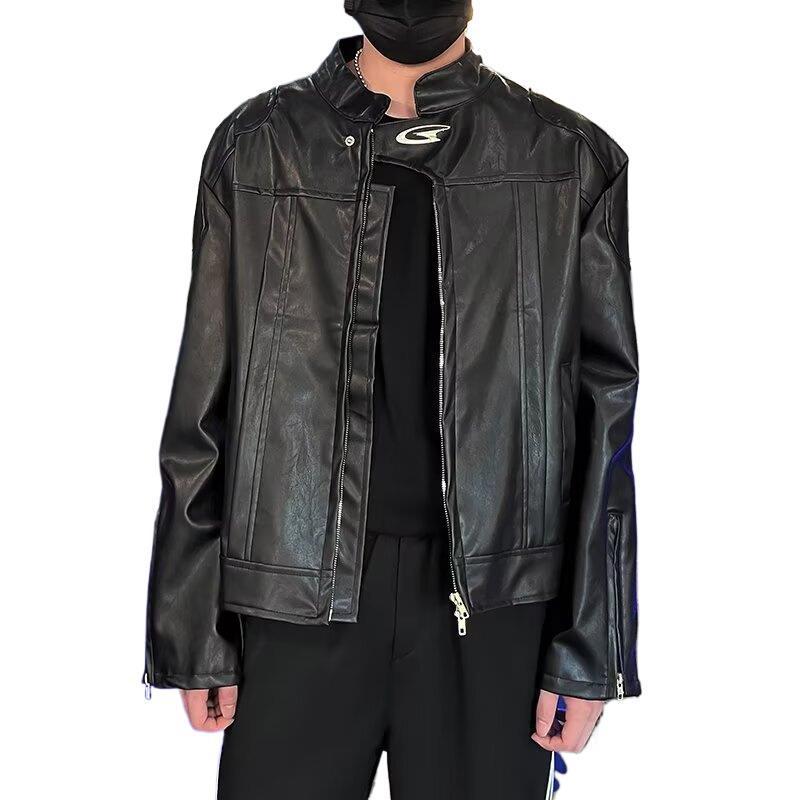 レザージャケット メンズ 男性用 PUレザー 立襟 ヴィンテージ風 肩パッド バイカー アウター 秋冬 カジュアル 黒 白