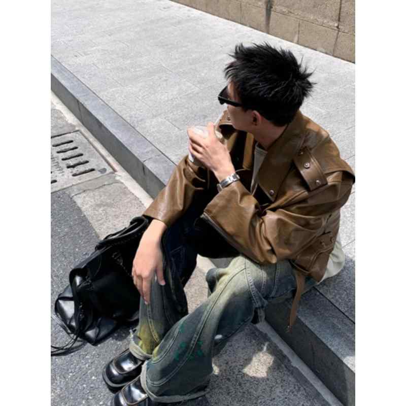 ジャケット メンズ PUレザー ブルゾン 秋冬 ライダースジャケット バイカージャケット ショート丈 棕色 黒 ブラック 普段使い