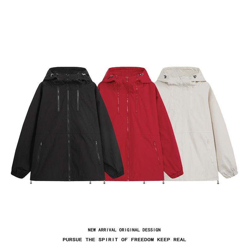 ジャケット メンズ 男性用 ブルゾン アウター フード付き スポーツウェア 春秋 ポリエステル 無地 ブラック レッド 杏色