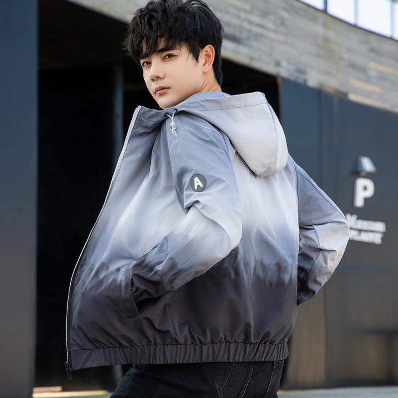 ジャケット メンズ 男性用 ブルゾン 春秋 スポーティ カジュアル グレー ブルー 無地 フード付き ポリエステル