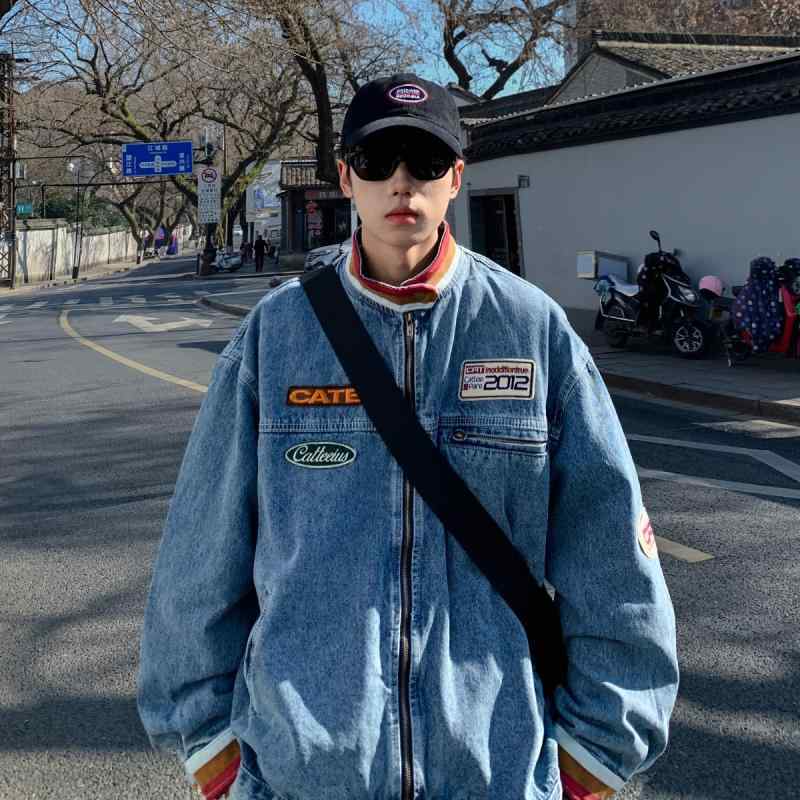 ジャケット メンズ デニム 春秋物 ゆったり カジュアル レトロ 刺繍 立ち襟 ライトアウター ブラック ブルー