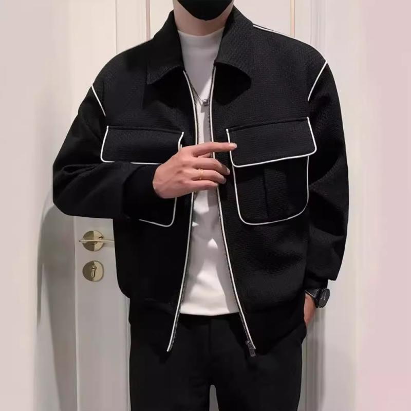 ジャケット メンズ ブルゾン 韓国 襟付き 男性用 アウター カジュアル トップス 春秋 ポリエステル ブラック M L XL 2XL 旅行 無地 長袖