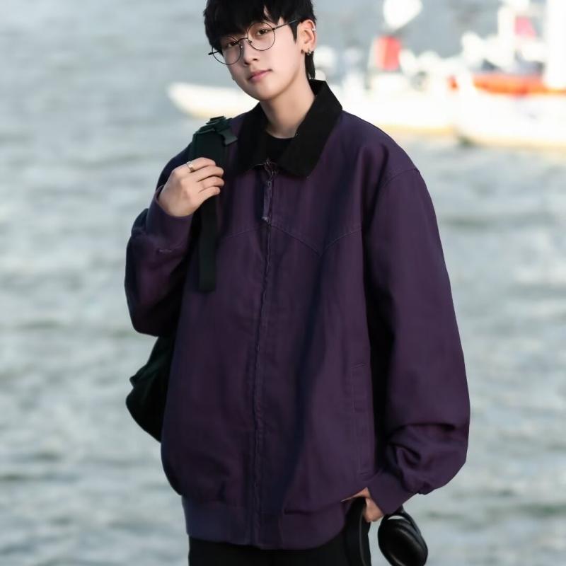 ジャケット メンズ 男性用 スタジャン ブルゾン 綿 春秋 無地 リブ 襟付き ジップアップ ルーズ ゆったり ブラック パープル グリーン