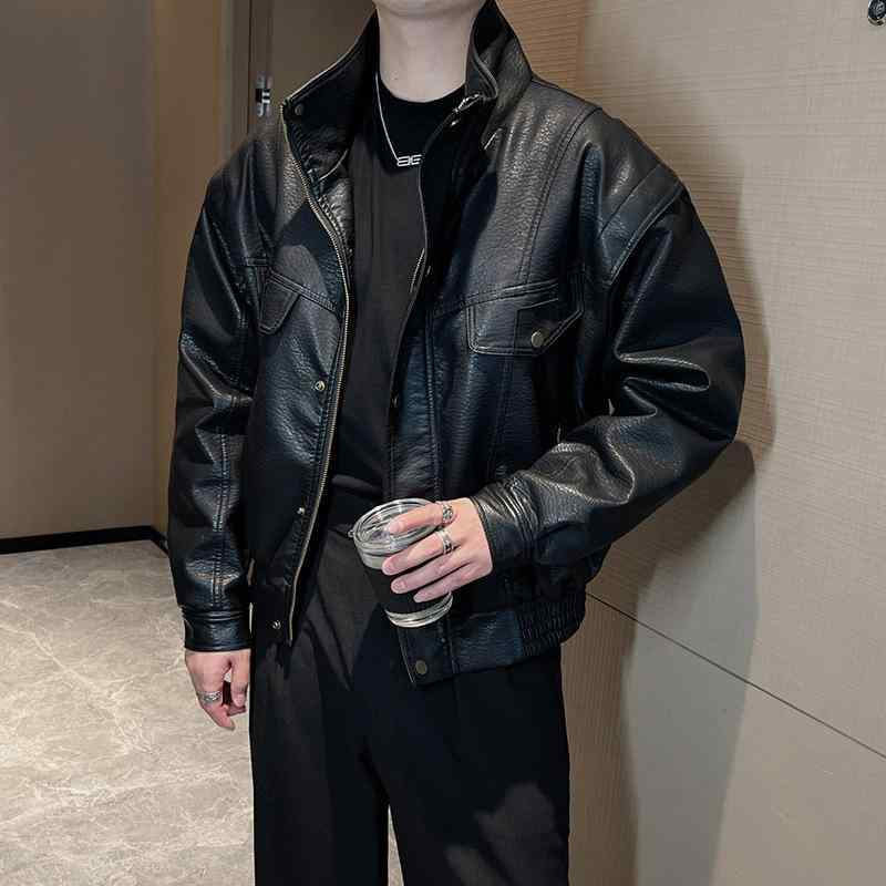 ライダースジャケット メンズ PUレザー バイクジャケット 黒 スリムフィット 立ち襟 フェイクレザージャケット 合皮 ブルゾン アウター 春秋