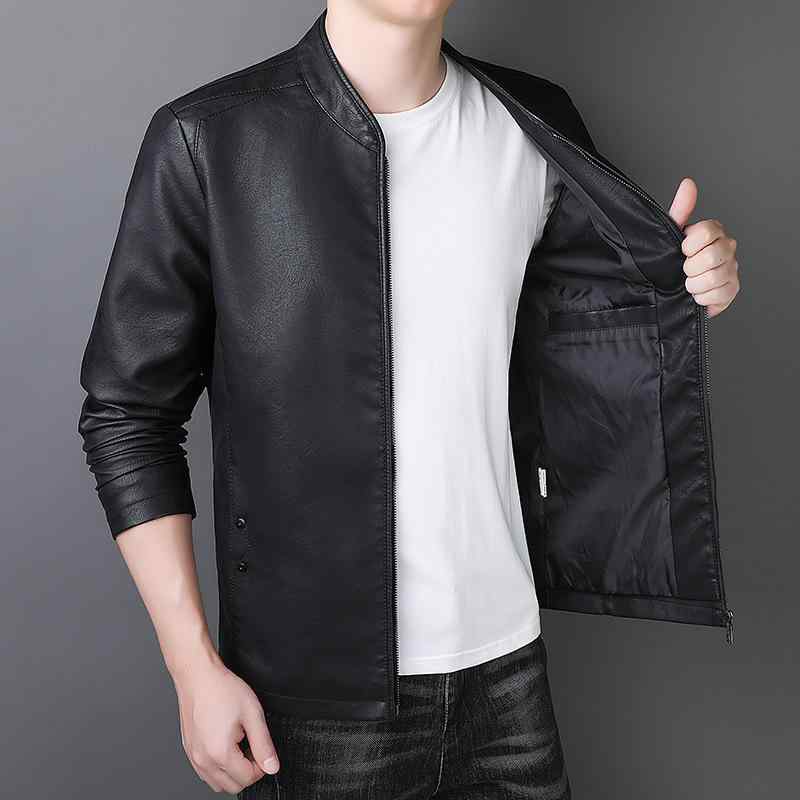 ジャケット 男性用 PUレザー レザージャケット ブルゾン スリムフィット スタンドカラー 無地 春秋 黒 ..