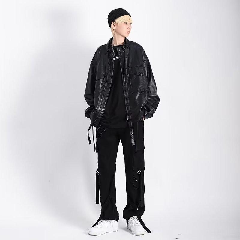 ジャケット メンズ PUレザー アウター カジュアル ストリート系 ゆったり 春秋 黒 M L XL 2XL 3XL