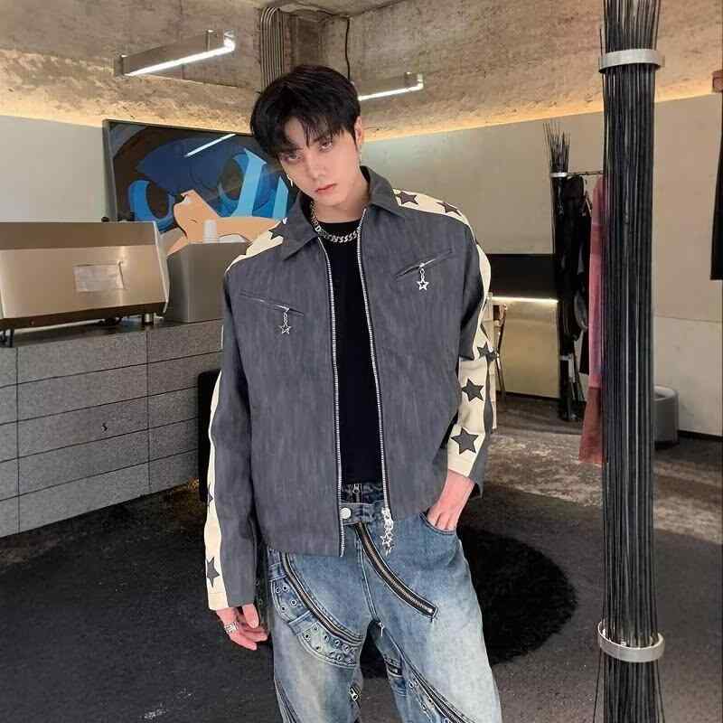 ジャケット 男性用 スエード ブルゾン レトロ 星柄 Vネック ゆったり ショート丈 アウター 春秋 カジュアル 普段使い バイク メタルパーツ 飾り ブラウン グレー