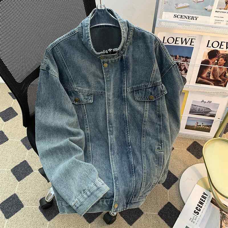 ジャケット メンズ Gジャン デニム 春秋 立襟 ルーズ レトロ ブルー M L XL 2XL 3XL 4XL 5XL