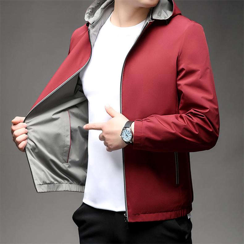 ジャケット 男性用 春秋 薄手 取り外し可能 フード付き カジュアル ビジネス 紳士 アウター ポリエステル 無地 ネイビー レッド ブラック