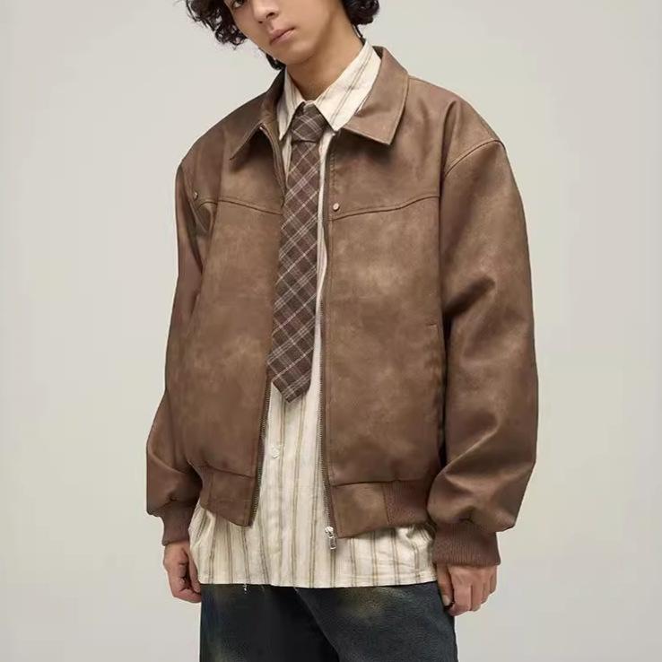 ジャケット メンズ 男性用 レザージャケット ブルゾン 春秋物 古着風 ユーズド加工 ブラウン コットン混紡