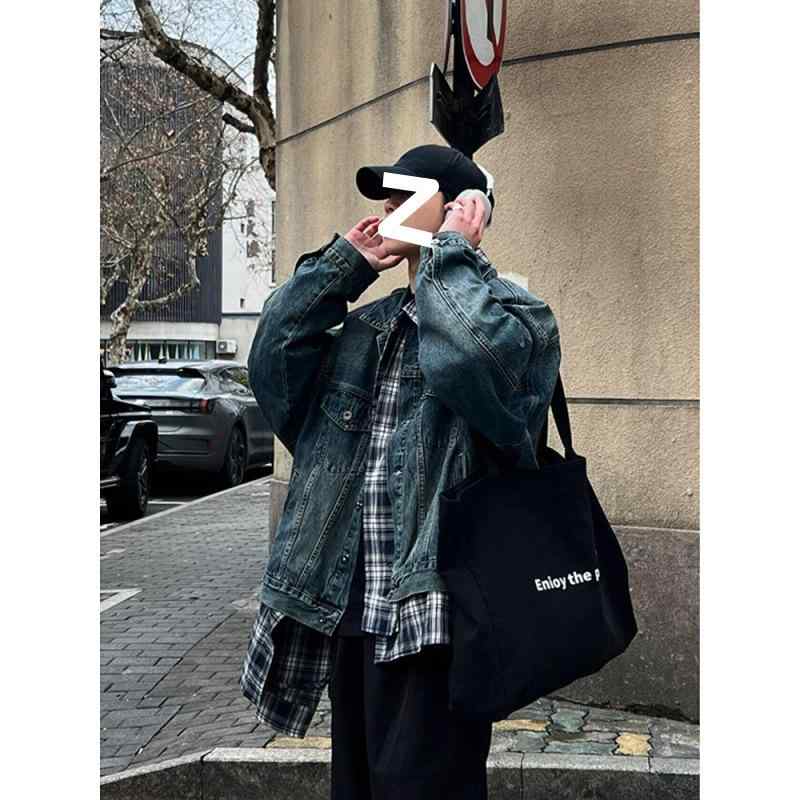 ジャケット メンズ 格子柄 デニム アウター 切り替え カジュアル ゆったりサイズ ドロップショルダー