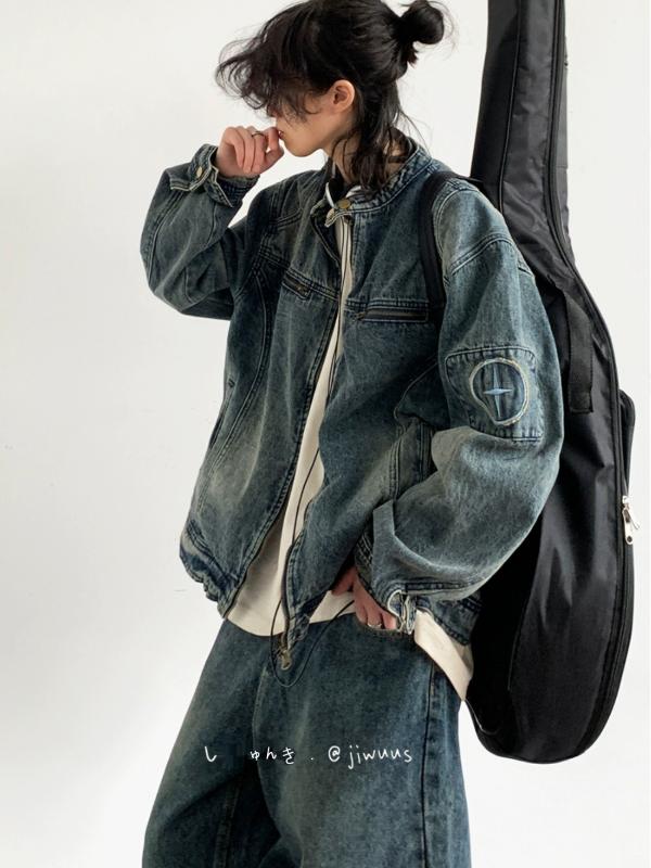 ジャケット 男性用 Gジャン デニム ウォッシュ加工 レトロ 刺繍 秋冬 カジュアル ゆったり トップス ブルゾン アウター 長袖 立襟 若者 ブルー