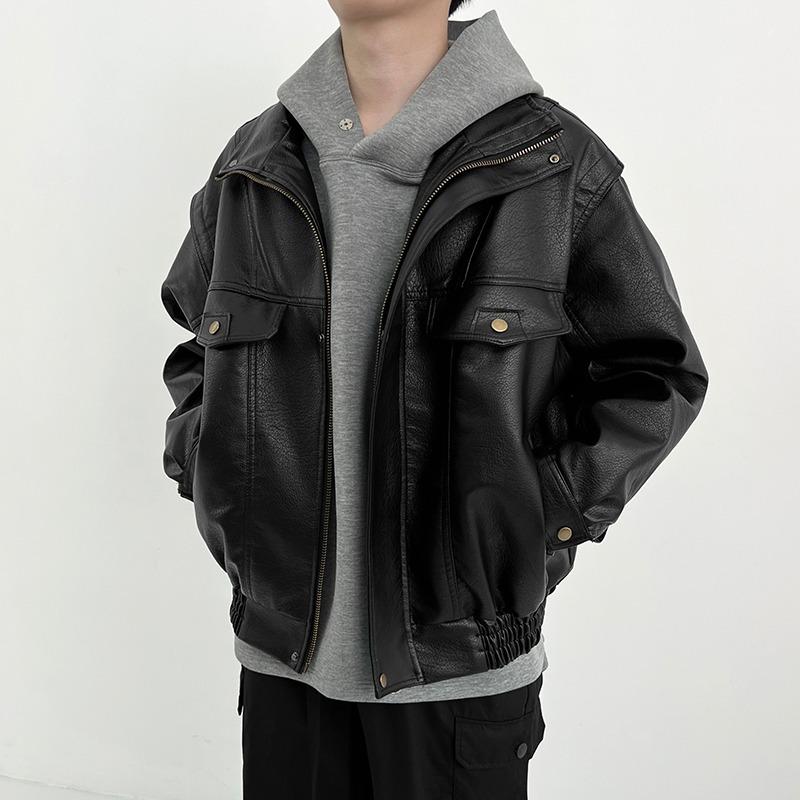 ジャケット メンズ 男性用 PUレザー ライダース 秋冬 高見え ダブルジップ パッド 肩パッド ブラック ..