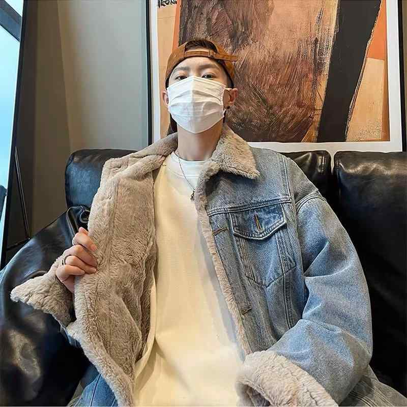 ジャケット メンズ 男性用 裏起毛 デニム 防寒 厚手 ブルゾン 韓国 ゆったり ブラック ブルー