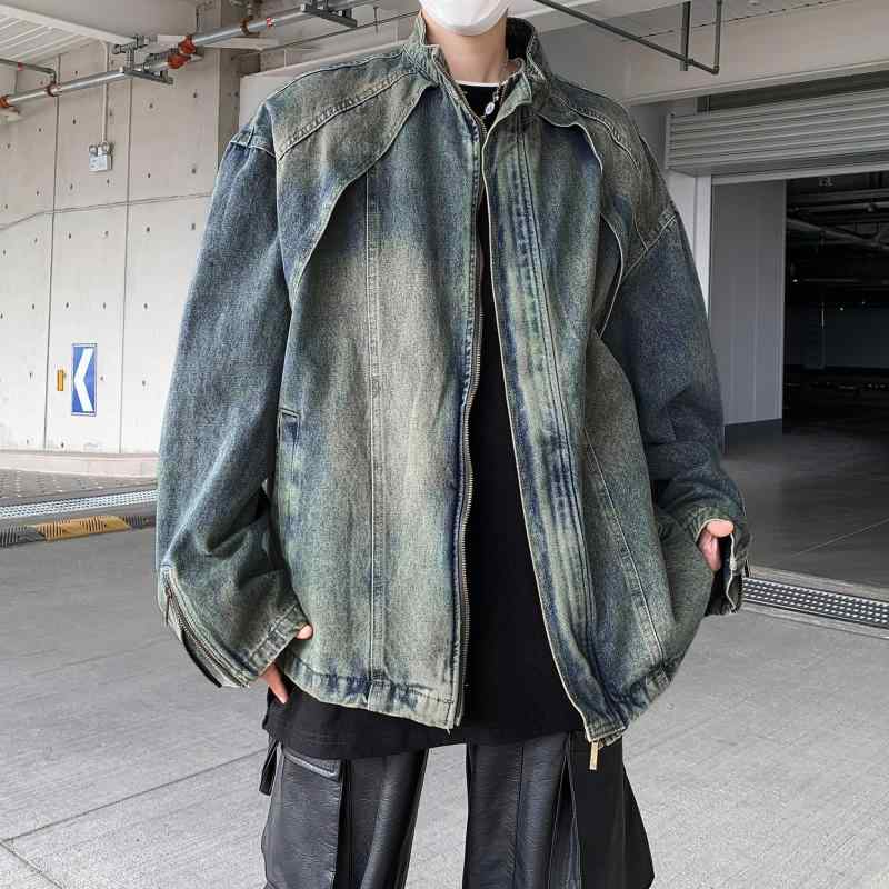 ジャケット メンズ デニム ウォッシュ加工 ルーズ レトロ 切り替え 防風 普段使い カジュアル ブルゾン アウター トップス JK8625 ブルー(x2)