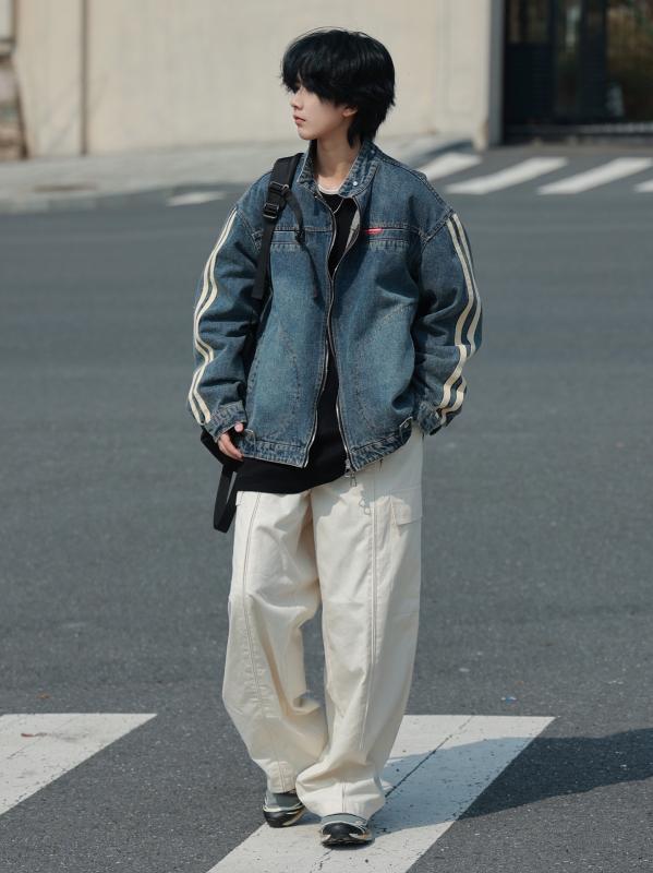 ジャケット メンズ デニム ウォッシュド ビンテージライク ブルゾン ゆったり ルーズフィット 立襟 ライトアウター Gジャン カジュアル スプリング レトロブルー