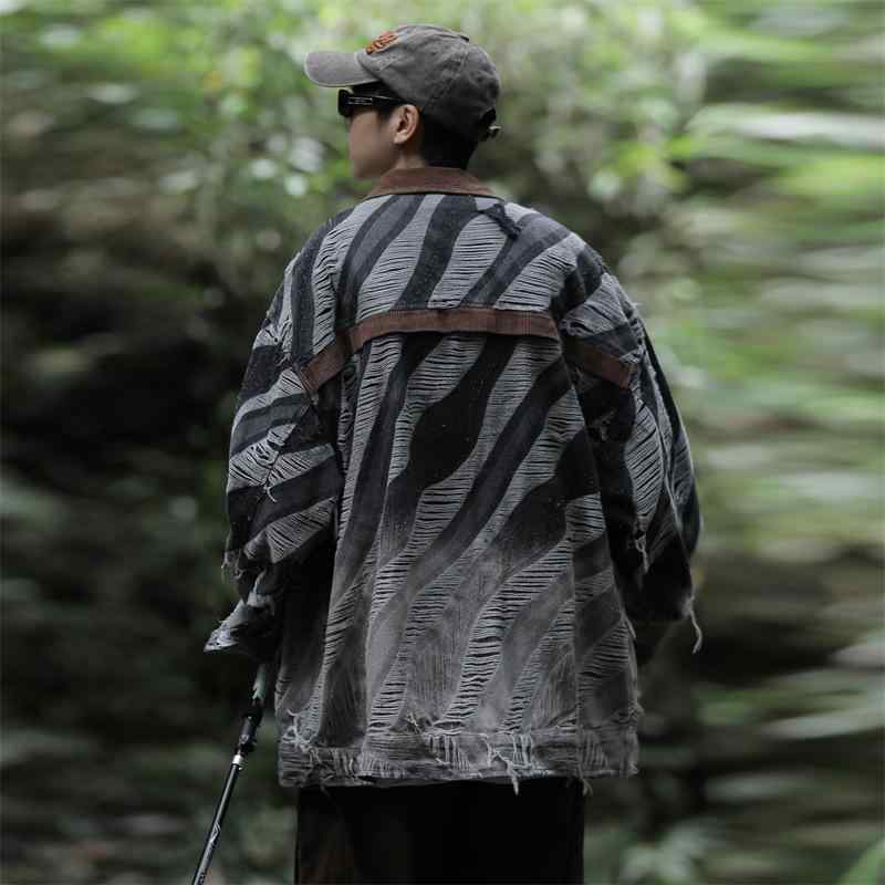 ジャケット メンズ 春秋 斑模様 ゼブラ柄 ゆったり ダメージ加工 レトロ 切り替え 襟付き カジュアル ブラック Gジャン