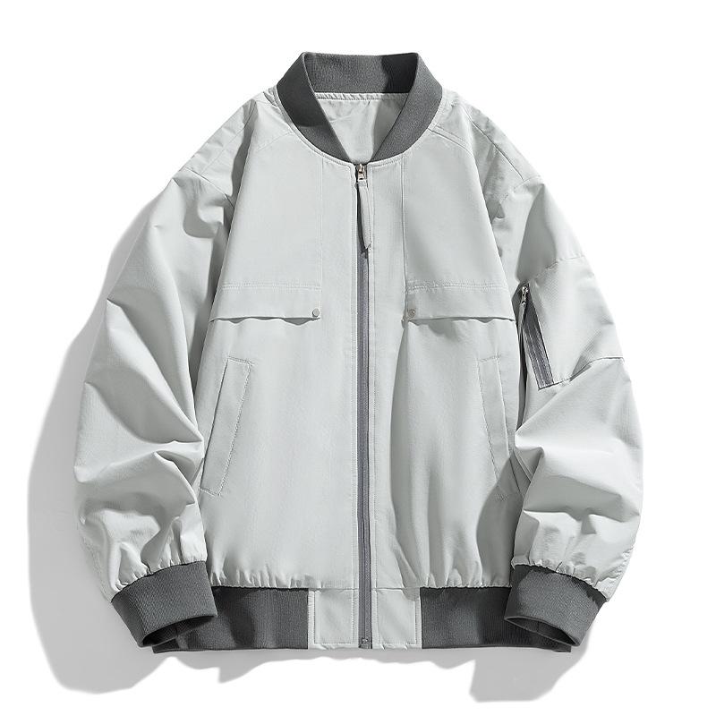 ジャケット メンズ 男性用 カジュアル スタンドカラー ブルゾン ジャンパー ライトアウター グレー 黒 カーキ 無地 ポリエステル 秋