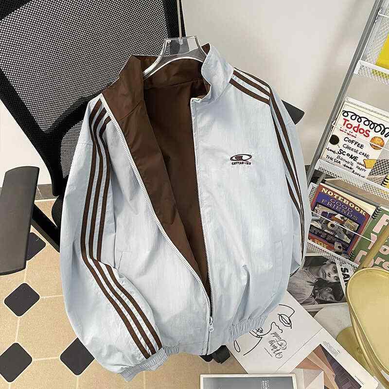 夏威夷珠寶 - ジャケット メンズ 男性用 アウター 春秋 美ラード 配色 ゆったり スタンドカラー アメカジ レトロ スリーライン スポーツ カジュアル ブルゾン ジャンパー 青 黒