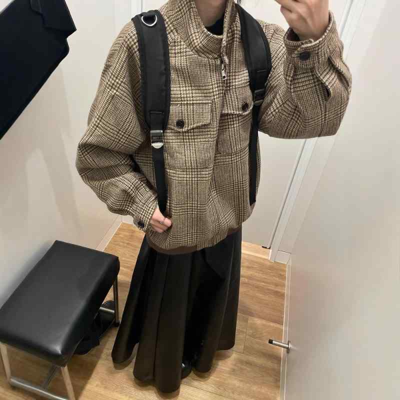 ジャケット メンズ ハウンドトゥース ウール アウター 秋冬 立襟 ショート丈 耐摩耗性 普段使い コーヒー色