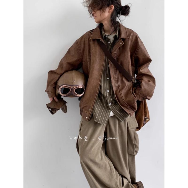 レザージャケット メンズ レディース 春秋 PUレザー 棕色 グレー 配色 裏地ポリエステル 襟付き ショー..