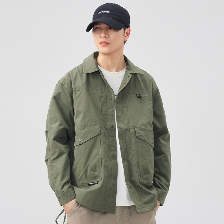 ジャケット メンズ ワークジャケット 春秋 翻襟 無地 長袖 ブルゾン ゆったり ミリタリー 普段使い アウター ブラック カーキ オレンジ ポリエステル