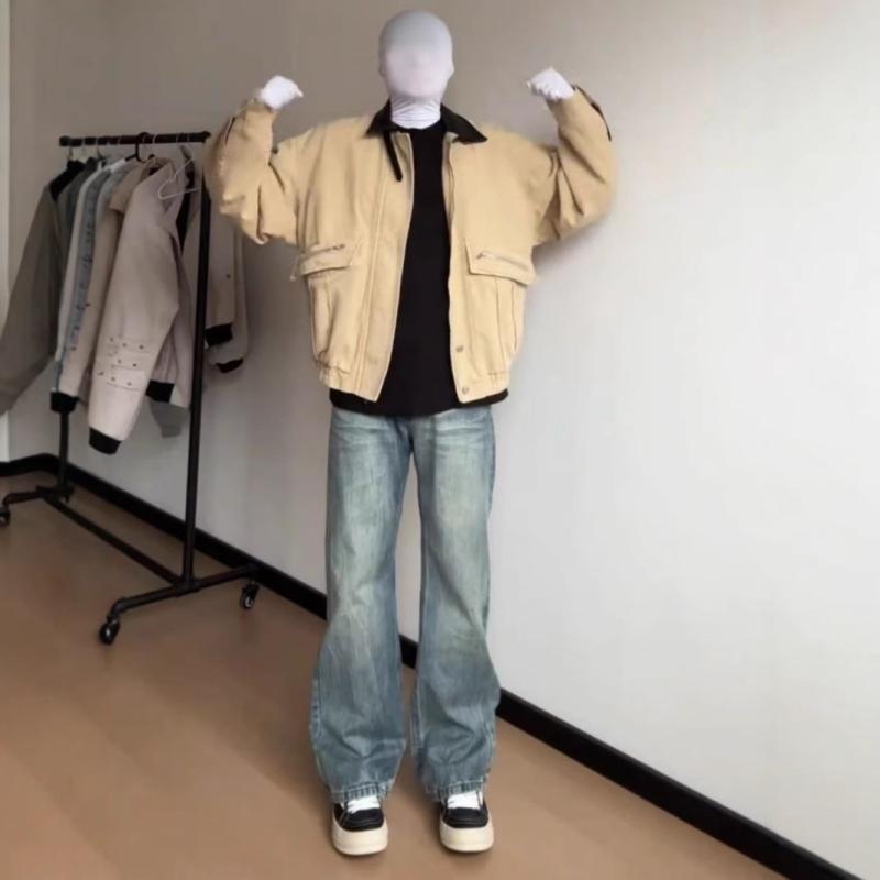 ジャケット メンズ 男性用 レトロ 大容量ポケット ワークジャケット 春秋物 PUレザー 襟付き キャンバス地 カーキ 紺色