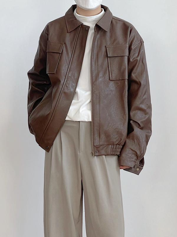 ジャケット 男性用 PUレザー ブルゾン レトロ 無地 春秋 黒/茶色系