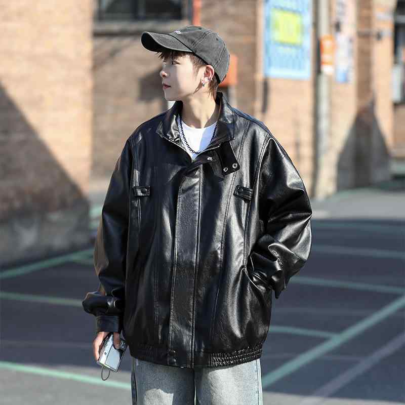 ジャケット メンズ PUレザー ライダースジャケット スタンドカラー 春秋 カジュアル ゆったり ブラック 普段使い バイクウェア